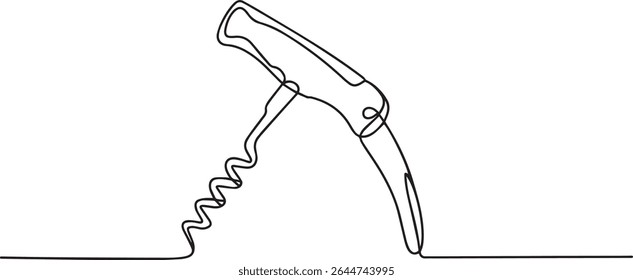 Continuous single line drawing of a traditional corkscrew wine bottle opener with curved handle and spiral helix on white background


