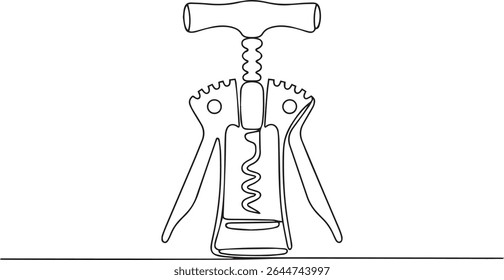 Continuous single line drawing of a traditional corkscrew wine bottle opener with curved handle and spiral helix on white background

