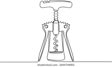 Continuous single line drawing of a traditional corkscrew wine bottle opener with curved handle and spiral helix on white background

