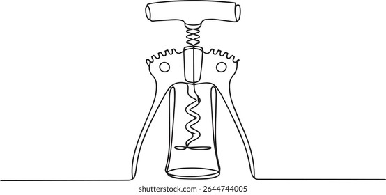 Continuous single line drawing of a traditional corkscrew wine bottle opener with curved handle and spiral helix on white background

