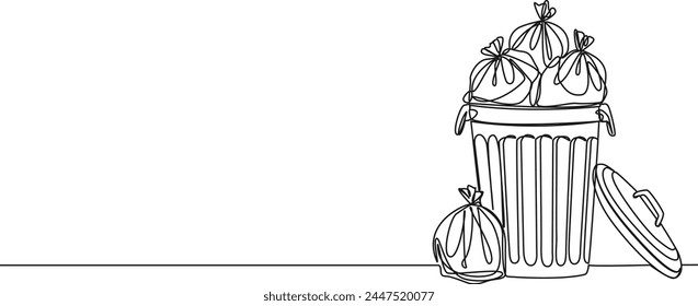 continuous single line drawing of trash can overflowing with trash bags, line art vector illustration