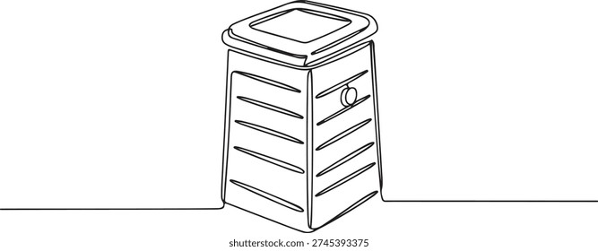 A continuous single line drawing of a trash can, line art style illustration.