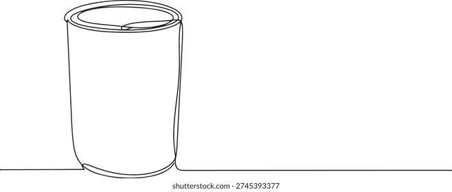 A continuous single line drawing of a trash can, line art style illustration.