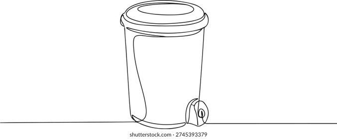 A continuous single line drawing of a trash can, line art style illustration.