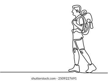 Continuous single line drawing of a traveler walking with a big bag. Backpacker concept in a minimalist vector illustration.