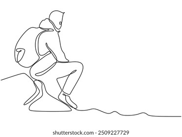Continuous single line drawing of a traveler man sitting on a stone with a bag. Represents a travel theme in a minimalist design.
