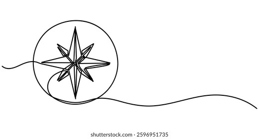  Continuous single line drawing of traveler compass. Old navigate and adventure symbol in simple linear style. Business strategy and adventure concept in editable stroke. Doodle vector illustration.