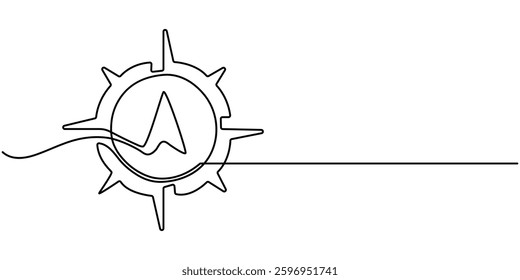  Continuous single line drawing of traveler compass. Old navigate and adventure symbol in simple linear style. Business strategy and adventure concept in editable stroke. Doodle vector illustration.