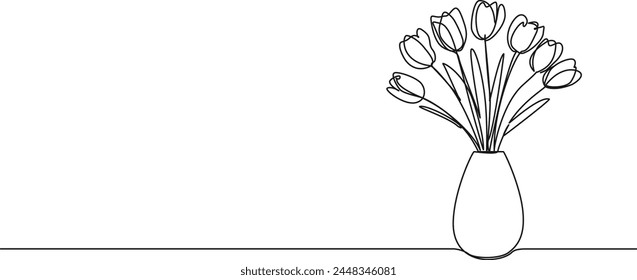 continuous single line drawing of tulips in flower vase, line art vector illustration