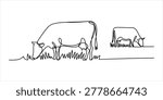Continuous single line drawing of two cows grazing on fresh green grass in a peaceful farm pasture showing simple animal silhouettes in black ink Vector, illustration