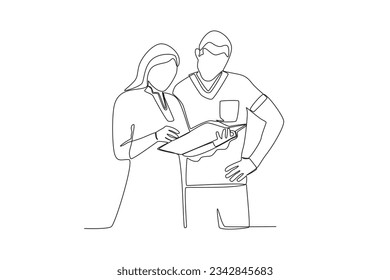 Continuous single line drawing of a two male and female doctors discussing patient data while standing and holding files