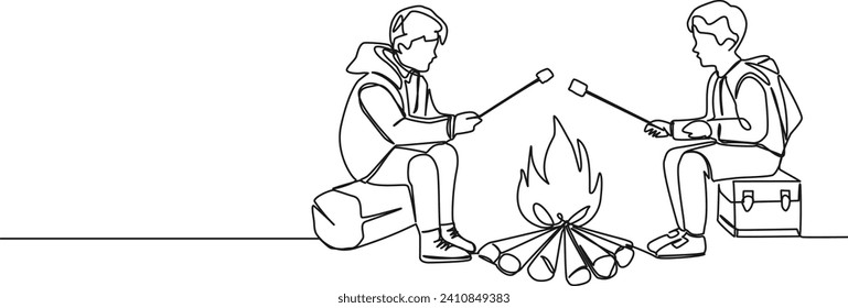 continuous single line drawing of two boys roasting marshmallows over campfire, line art vector illustration
