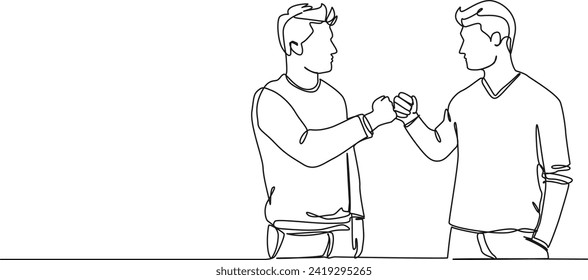 continuous single line drawing of two guys doing a fist bump, line art vector illustration