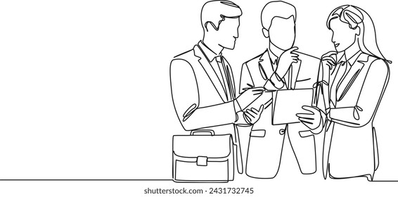 dibujo continuo de una sola línea de dos hombres de negocios y mujer de negocios hablando, ilustración vectorial de arte de línea