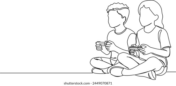 continuous single line drawing of two kids playing video games, line art vector illustration