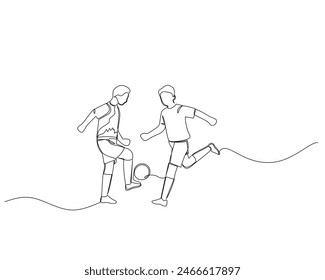 Continuous single line drawing of Two football players are training together, one is practicing dribbling and the other is doing physical training. footbal tournament event . Design illustration
