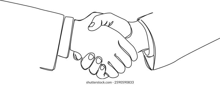 continuous single line drawing of two businessmen shaking hands, line art vector illustration