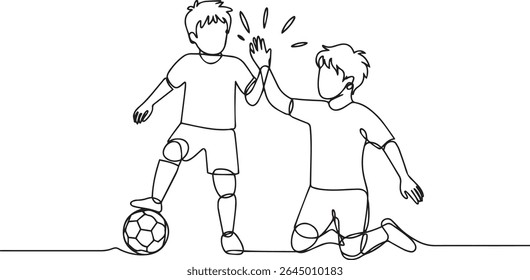 Continuous single line drawing of two young boys playing soccer and giving high-five in minimalist line art style

