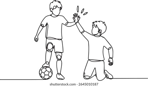 Continuous single line drawing of two young boys playing soccer and giving high-five in minimalist line art style

