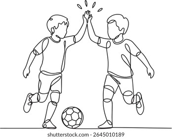 Continuous single line drawing of two young boys playing soccer and giving high-five in minimalist line art style

