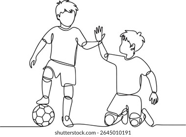Continuous single line drawing of two young boys playing soccer and giving high-five in minimalist line art style

