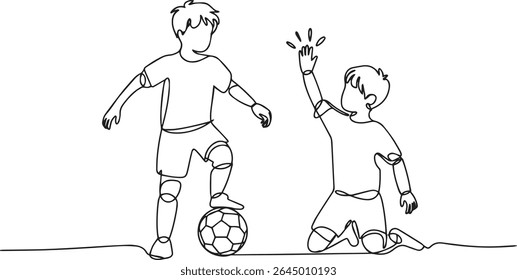 Continuous single line drawing of two young boys playing soccer and giving high-five in minimalist line art style

