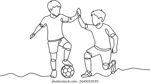 Continuous single line drawing of two young boys playing soccer and giving high-five in minimalist line art style

