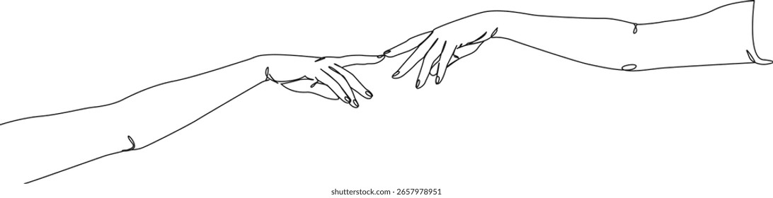 continuous single line drawing of two stretched out arms, index fingers touching, line art vector illustration