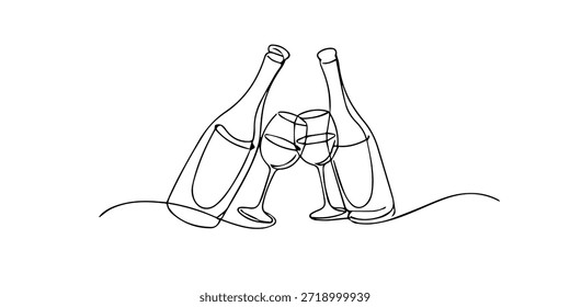 Dibujo continuo de una sola línea de dos botellas de vino y copas de vino tintineantes, que simbolizan la celebración, brindis, romance, amistad y momentos especiales.