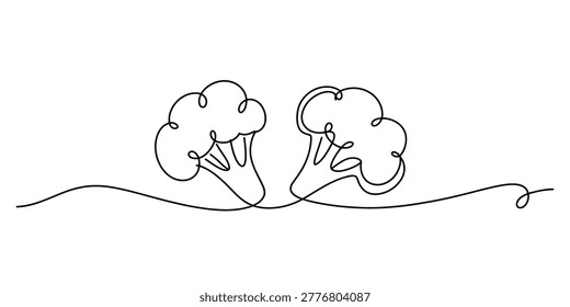 Continuous single line drawing of two broccoli pieces Vector, illustration
