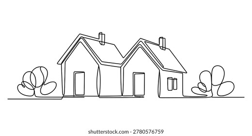 Continuous single line drawing of two simple houses with trees in a neighborhood Vector, illustration