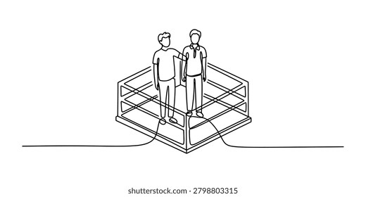 Continuous single line drawing of two men standing together inside a boxing ring arena for a sports competition match Vector, illustration