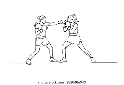 Continuous single line drawing of two young women boxing and sparring in a gym setting for fitness and health concept
