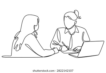 Continuous single line drawing of two business women having a meeting with a laptop Vector, illustration