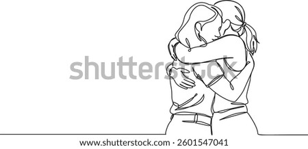 continuous single line drawing of two young women hugging, line art vector illustration