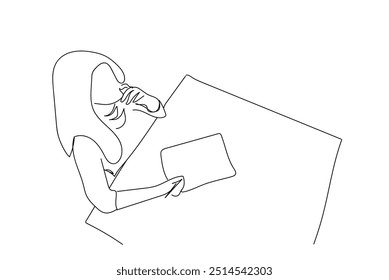 Continuous single line drawing of university student taking notes on paper, line art vector illustration. School, College University concept. Smart female reader enjoying literature or studying.
