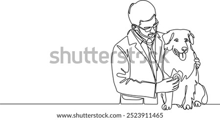 continuous single line drawing of vet with stethoscope examining dog, line art vector illustration