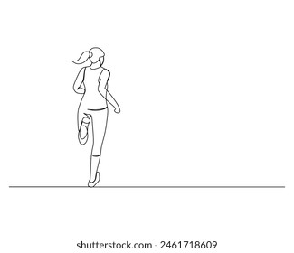 Continuous single line drawing of view from behind of a young woman jogging to get the ideal body. Healthy sport training concept. Design vector illustration