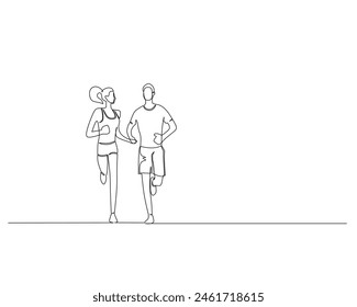 Continuous single line drawing of view from the front of a couple jogging together while holding hands. Healthy sport training concept. Design vector illustration