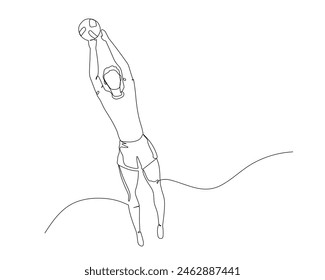 Continuous single line drawing of view from the front of a male volleyball athlete jumping to pass the ball to his team. sport training concept. volleyball competition. Design vector illustration