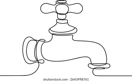continuous single line drawing of a vintage faucet with curved spout and cross handle design