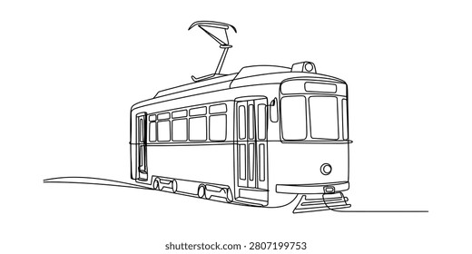 Continuous single line drawing of a vintage city tram streetcar Vector, illustration