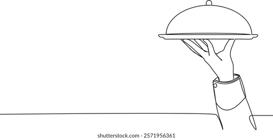 continuous single line drawing of waiter holding plate with cloche, line art vector illustration
