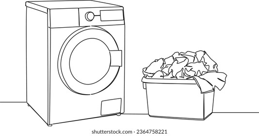 continuous single line drawing of washing machine and hamper with laundry, line art vector illustration