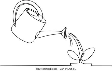 Continuous single line drawing of a watering can pouring water onto a small plant symbolizing growth and nurturing

