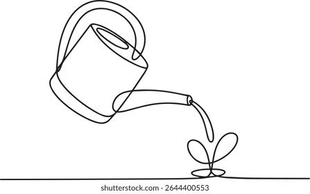 Continuous single line drawing of a watering can pouring water onto a small plant symbolizing growth and nurturing

