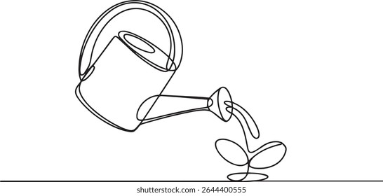 Continuous single line drawing of a watering can pouring water onto a small plant symbolizing growth and nurturing

