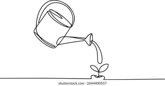 Continuous single line drawing of a watering can pouring water onto a small plant symbolizing growth and nurturing

