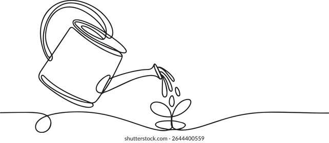 Continuous single line drawing of a watering can pouring water onto a small plant symbolizing growth and nurturing

