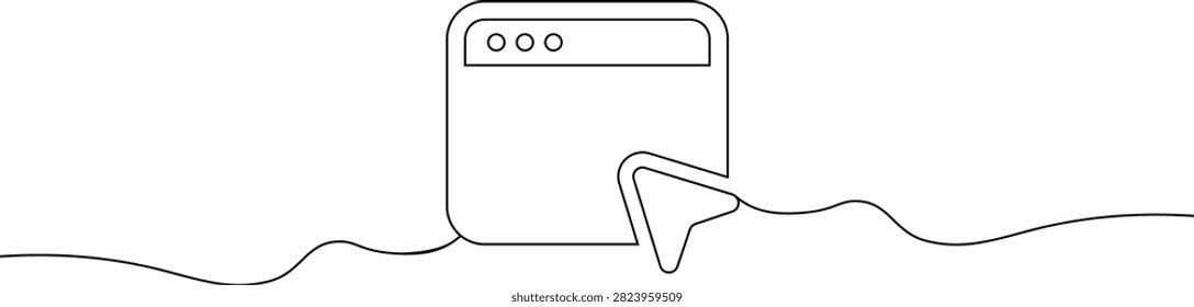 Continuous single line drawing of a web browser window and cursor icon representing internet browsing and digital navigation for modern technology web design concept
